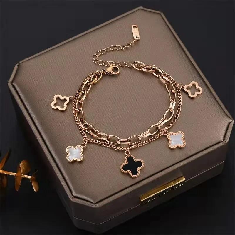 Fashion Double Layer Four Leaf Clover Titanium Steel Bracelet Light Luxury Net Red Hand Jewellery Versatile Lucky Grass Temperament Bracelet