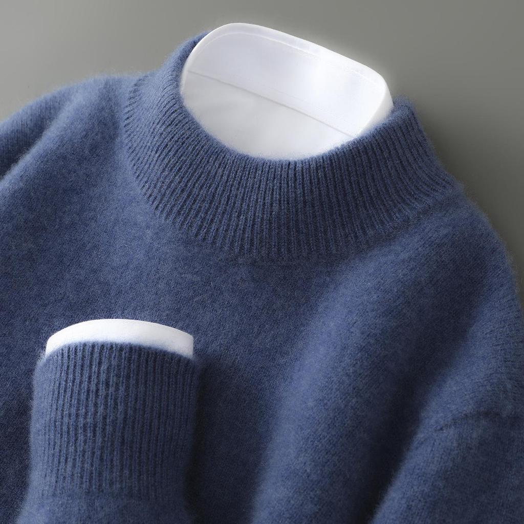 Men's Pure Wool Half-High Collar Thick Business Pullover Sweater - Loose Knit Base Layer