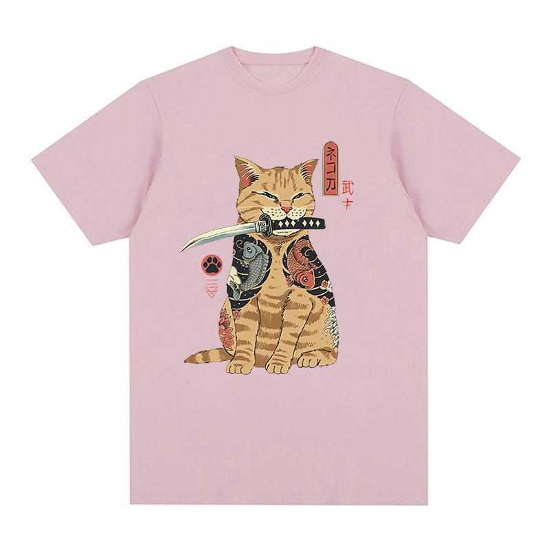 Funny Cotton Japanese Samurai Cat T Shirt Lover T Shirts Cat T-Shirts Retro Casual Short Sleeve Tshirt Unisex Women Clothes