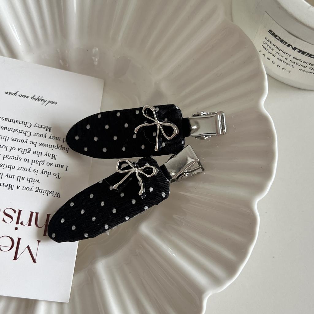Korean Bow, Simple Versatile Design Hairpin Bb Clip 2pcs Black White Polka Dot Bow Hairpin High-end Temperament