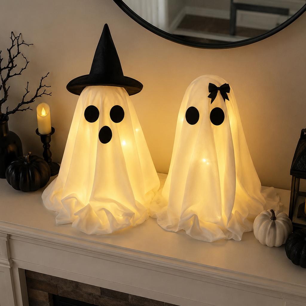 Outdoor Halloween Tabletop Ghost Decoration with Witch Hat Lightweight Fabric Cover for Porch and Garden Seasonal Party Decor