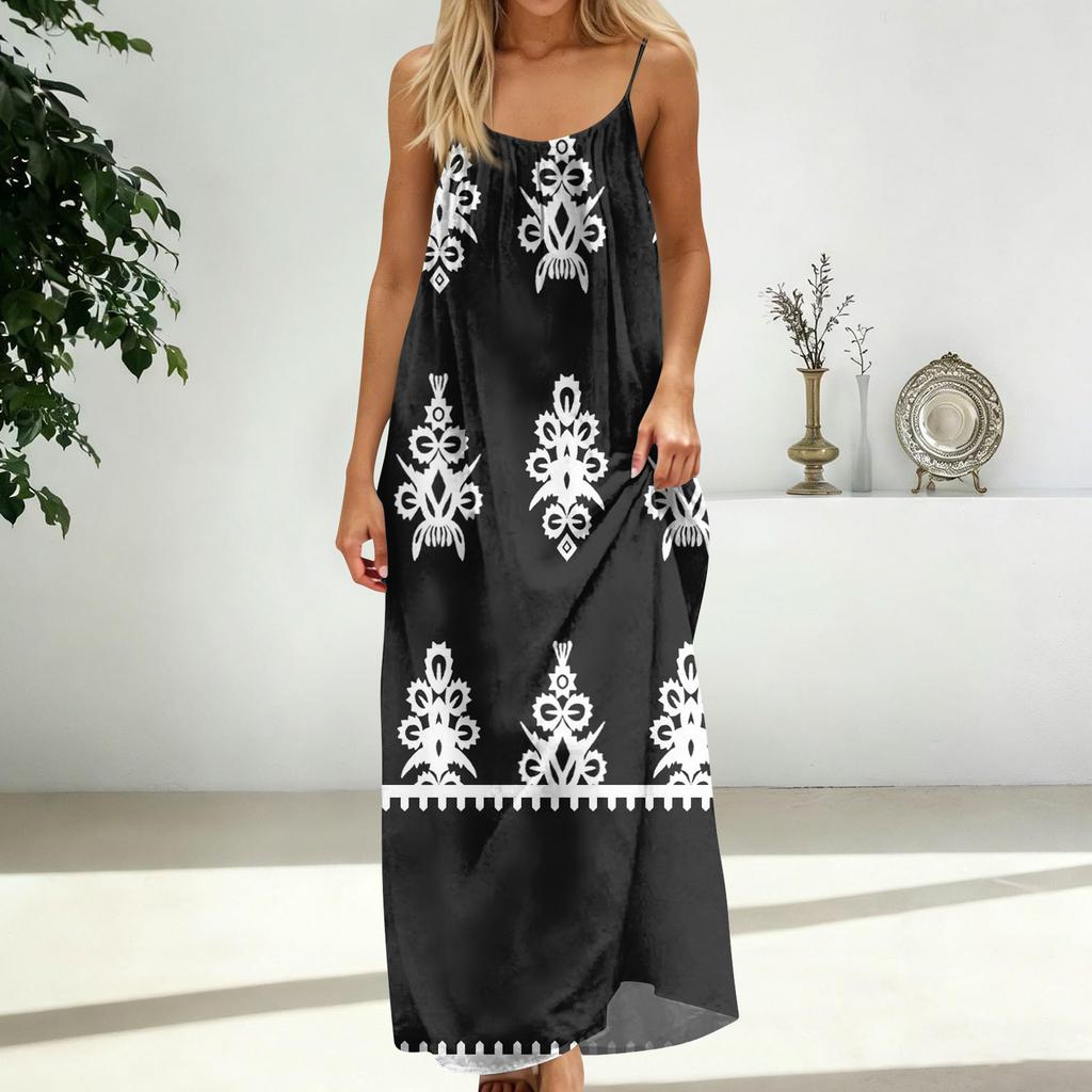 Women's Fashion Backless Spaghetti Strap Casual Loose-Fit Vintage Print Dress