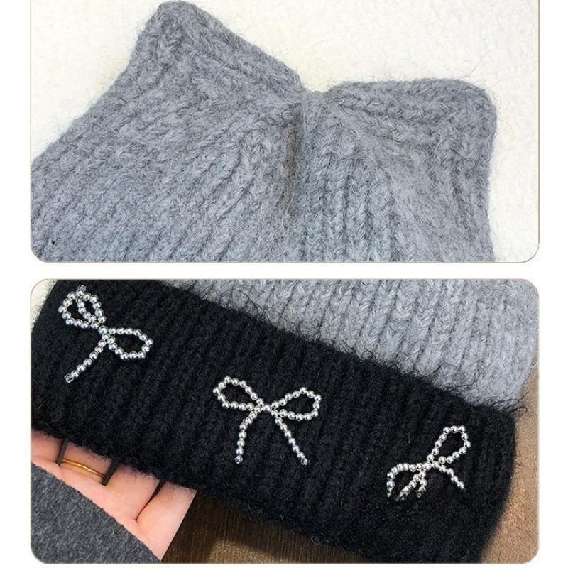 Fashion Casual Bowknot Knitted Hat Cat Ear Knitted Winter Hat Windproof Beanie Caps