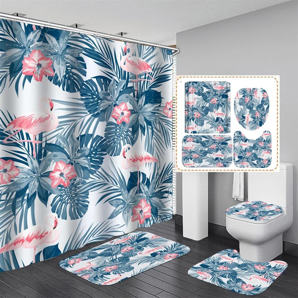 Pink Flamingo Tropical Leaves 3D Hd Shower Curtain Set Waterproof Polyester Bathroom Shower Curtain Set With Mat Non-Slip Rugs
