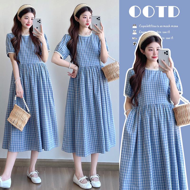 2026 Summer Korean Style Lace Trim Plaid Maternity Dress Extra Large