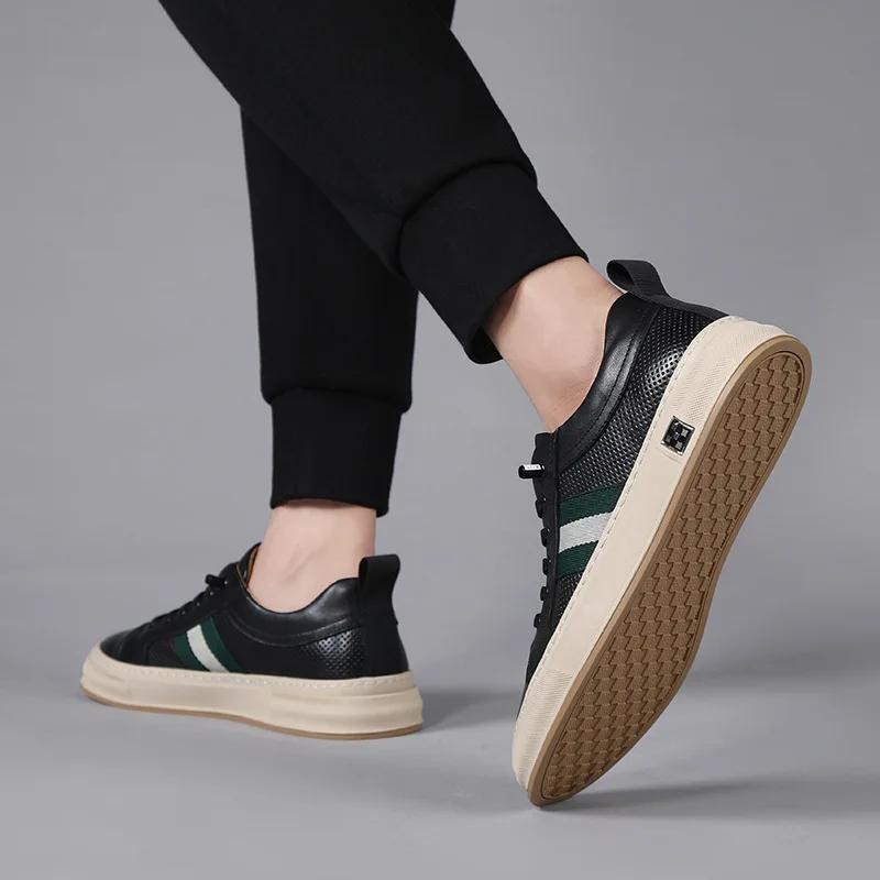 European New Shoes for Men Genuine Leather Casual Shoes Spring High End Striped Flat Skateboard Shoes Cow Leather Sneakers 45-48