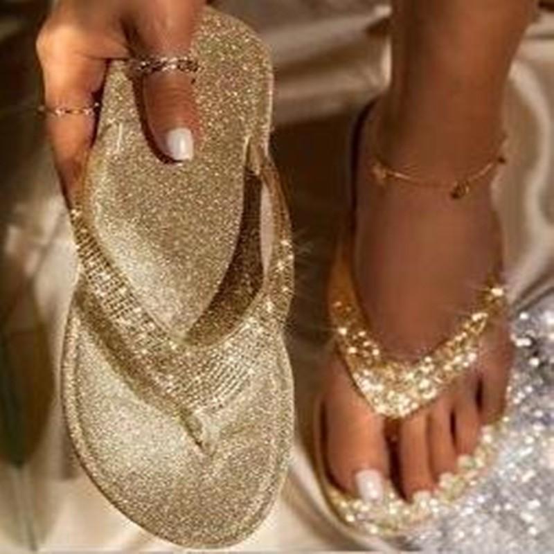 Mode 2024 Damen Zehensandalen Slipper Pantoletten Bling Strass Damenschuhe Lässig Sommer Flach Weiblich Kristall Glitzer Frau Übergröße 43
