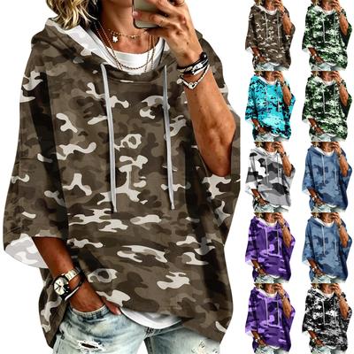 Women's Print Three-Quarter Sleeve Hooded Pullover Top Casual Fashion