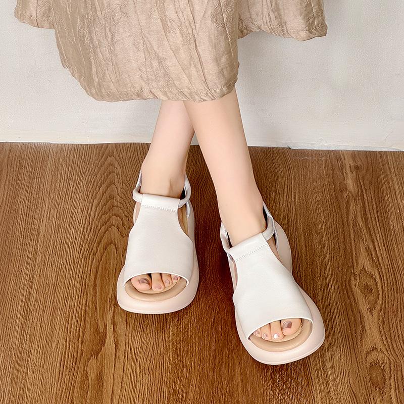 Fashion 5CM Genuine Leather Peep Toe Summer Ankle Booties Women Sandal Hollow Fashion Platform Wedge Flats Shoes Hook Flats
