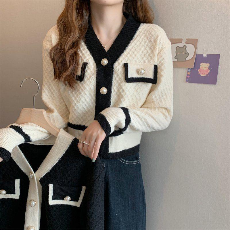 Women Contrast Trim V Neck Knit Cardigan Elegant Color Block Button Up Textured Sweater Casual Short Top