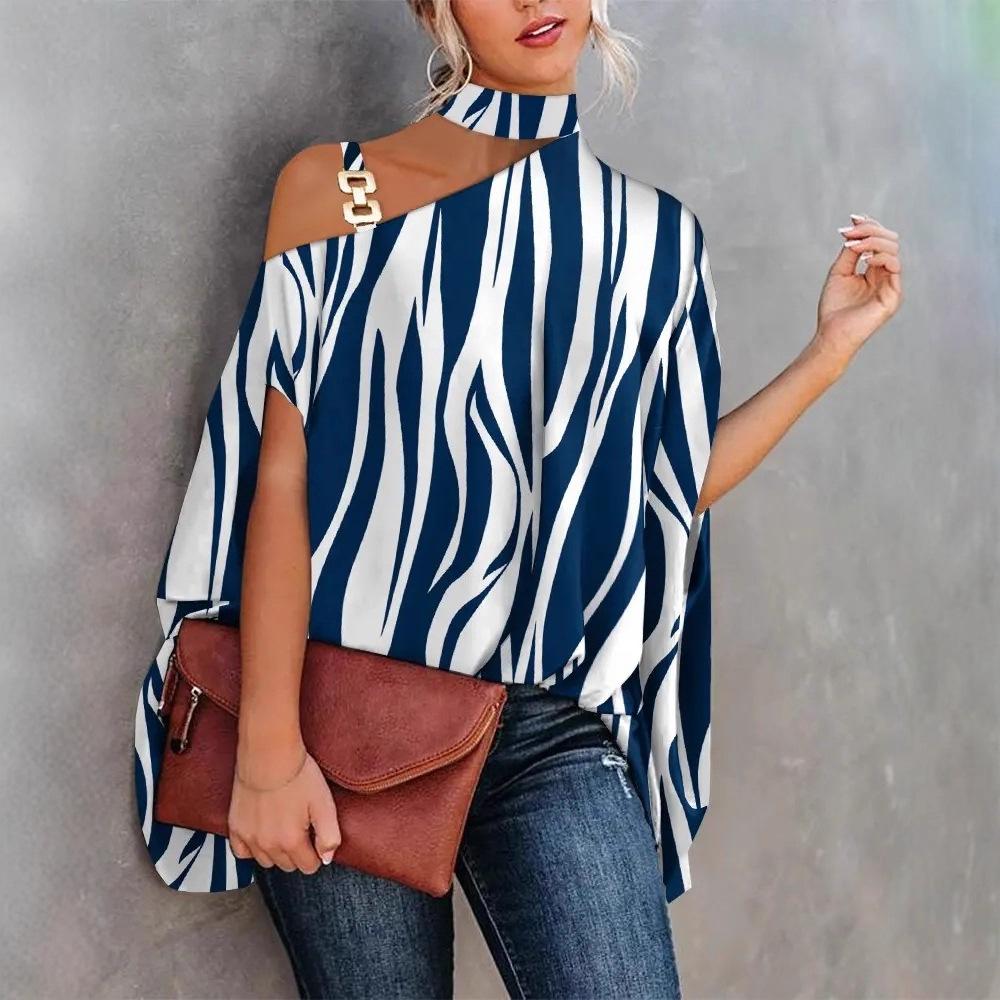 Women's Halter Neck Cold Shoulder Batwing Short Sleeve Loose Mixed Print Summer Blouse Shirt