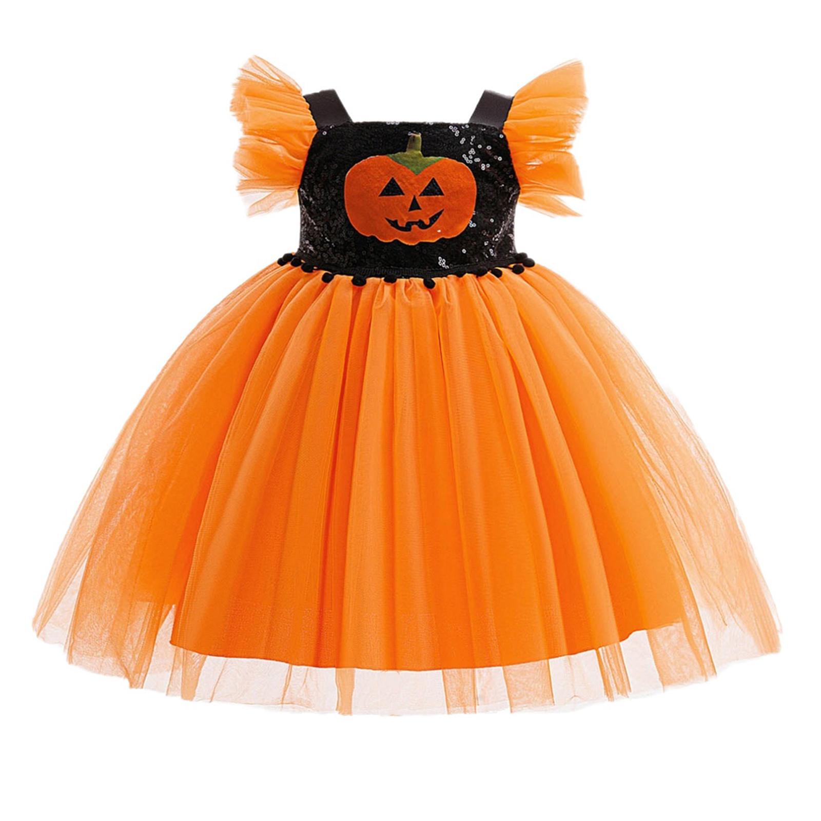Kids Girls Sleeveless Pumpkin Smile Face Print Mesh Princess Dress Halloween Theme Party Cosplay Costume Photography Clothes 70cm