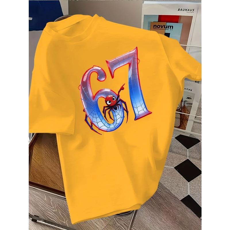 European sizes T-shirt with Spider Pattern and Number 67 Design, Children,Fashionable and Casual - New Summer Trendy Brand Printed Clothing, Unisex