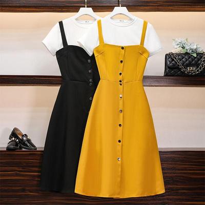 Sommerkleider für Damen, kurzärmeliges Hemdoberteil und langes Trägerkleid, zweiteiliges Set, Outfits in Übergröße