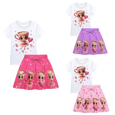 Children's Comfortable Summer Fashion Cartoon Cute Short Sleeved Pleated Skirt Casual Loose Beautiful Cup Girl Print Set