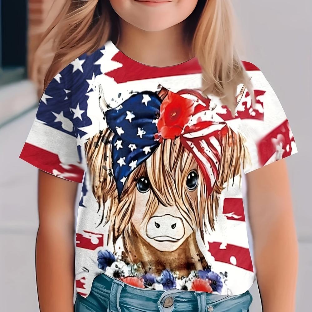 Children's Clothing Girl Short Sleeve Child Cute Animals Print Casual Round Neck Tops Summer