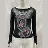 Y2K Autumn Gothic Spicy Girl Slim Fit Long Sleeved Printed Rhinestone T-shirt Retro Top