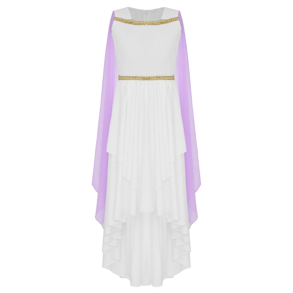 Girl Halloween Ancient Greek Toga Costume Sleeveless Shawl Patchwork Flowy Dress Ancient Rome Egypt Princess