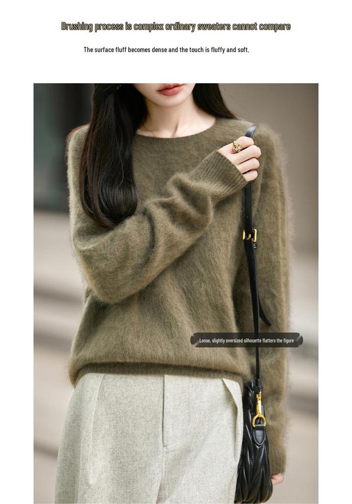 Women's Seamless Plush Knit Wool Sweater, Round Neck, Loose Fit, Long Sleeve - 2026 Autumn/Winter Collection