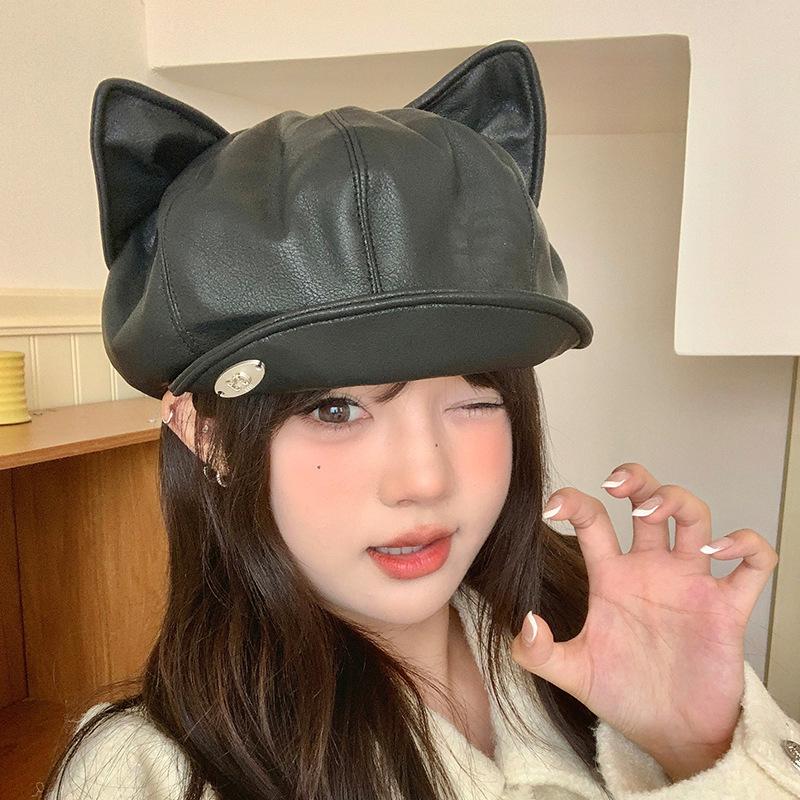 

Кожаные кошачьи ушки Черный берет для женщин Милый и милый Универсальный Большой обхват головы Восьмиугольная кепка-клош газетчика One Size