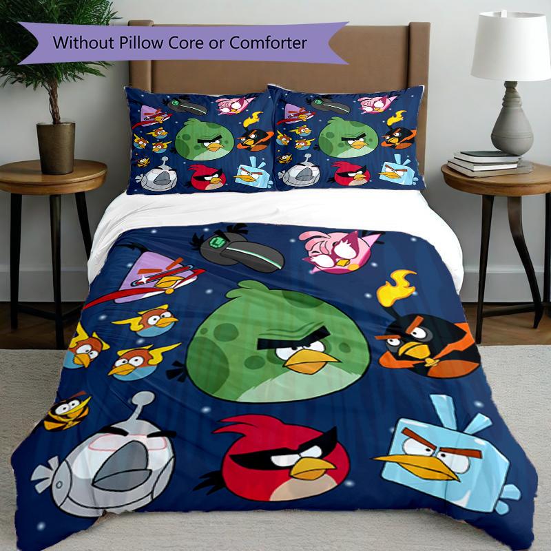 3pcs Duvet Cover Set (1*Duvet Cover + 2*Pillowcase, Without Core), Angry Birds Print Bedding Set, Bedroom Decor, All‑Season, Birthday Gift