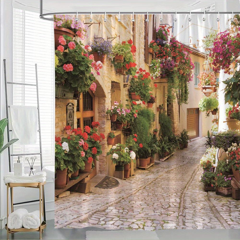 European Village Shower Curtain – Cobblestone Alley, Rustic Buildings, Flower Pots, Vintage Style, 70.86x70.86in, 12 Hooks