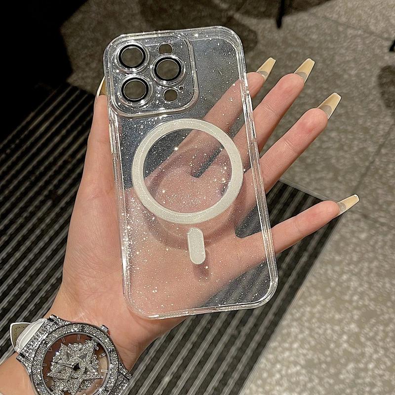 Luxusní třpytivé bezdrátové nabíjecí pouzdro MagSafe pro iPhone 15 14 13 12 11 ProMax nárazuvzdorné průhledné magnetické měkké nárazníkové pouzdro
