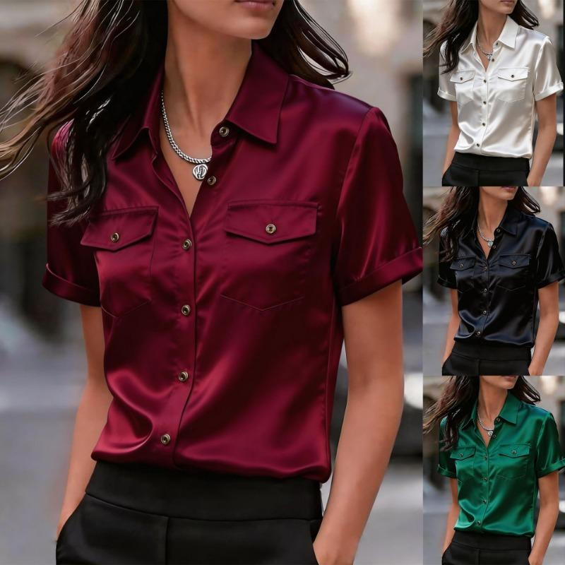 Elegant Satin Short Sleeve Shirt With Chest Pockets