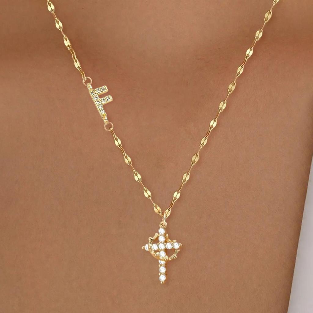 Full Diamond Rotatable Crown Cross with 26 Letter Copper Gold Plated Jewelry Accessory Necklace