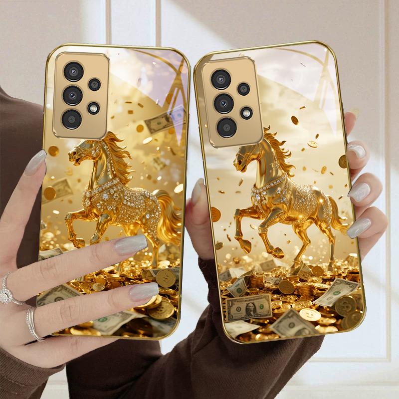 A Lovely Golden Steed For Samsung A50 A51 A52 A53 A54 A55 A56 14 15 13 16 26 31 32 33 34 35 70 71 72 73 Golden Glass Phone Case