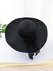 Solid Color Bohemian Straw Sun Hat With Bow Wide Brim Round Top UV Protection Windproof