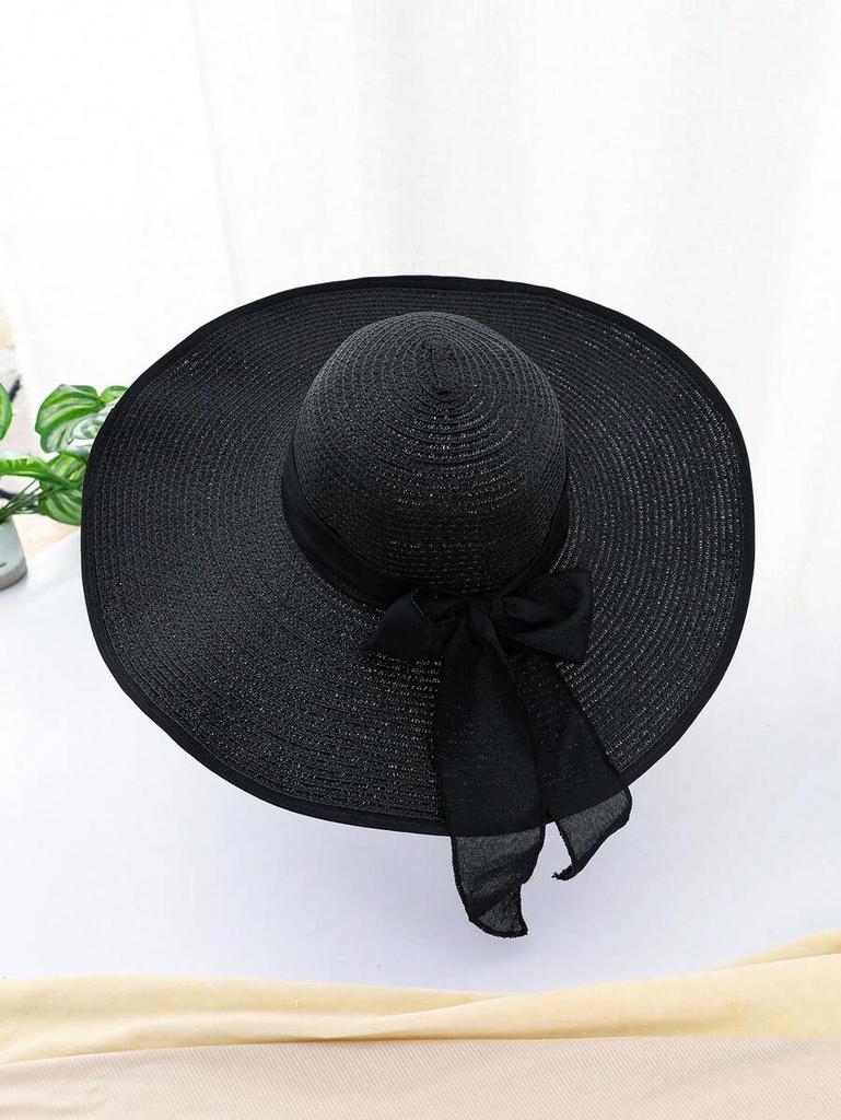 Solid Color Bohemian Straw Sun Hat With Bow Wide Brim Round Top UV Protection Windproof