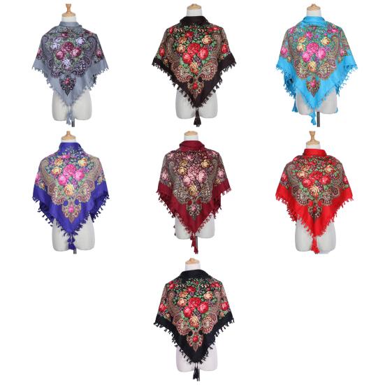 Quastenbesatz Quadratischer Weicher Winddichter Retro Schal Damen Herbst Winter Ethnischer Stil Druck Baumwollschal