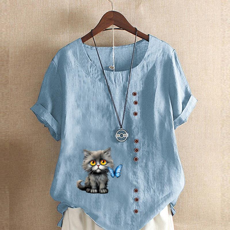 Damenmode Katzen und Interaktion Bedrucktes Kurzarm-T-Shirt Locker Baumwollhemd Lässig Locker Sommerbluse Tops Übergröße