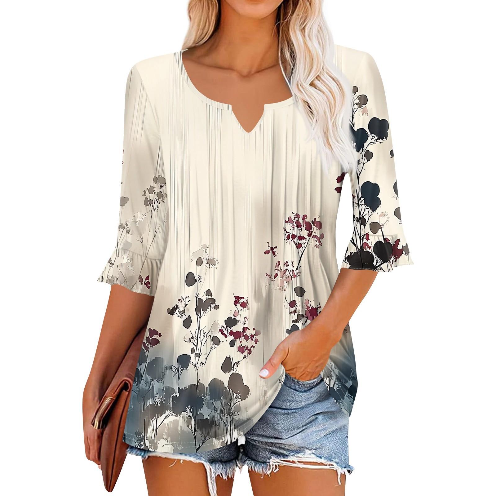 

3/4 рукава топы для женщин повседневные оборки V-образный вырез футболки рабочие блузки нарядные туники топы L бежевый