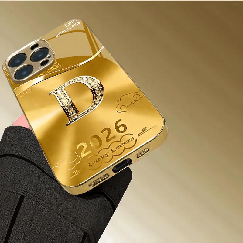 New Gold D-letter Electroplated Glass Phone Case Suitable for iPhone 17 16 15 14 13 12 11