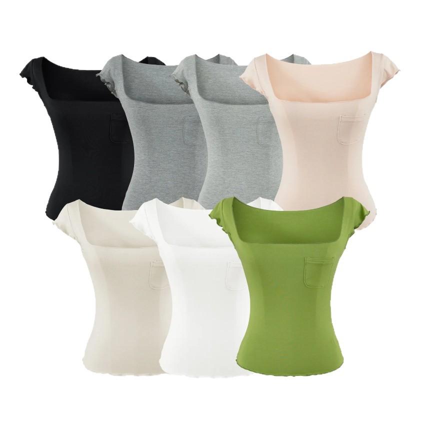 Fungus edge short-sleeved T-shirt women's summer new American Spice Girl solid color square neck light and slightly transparent elastic top