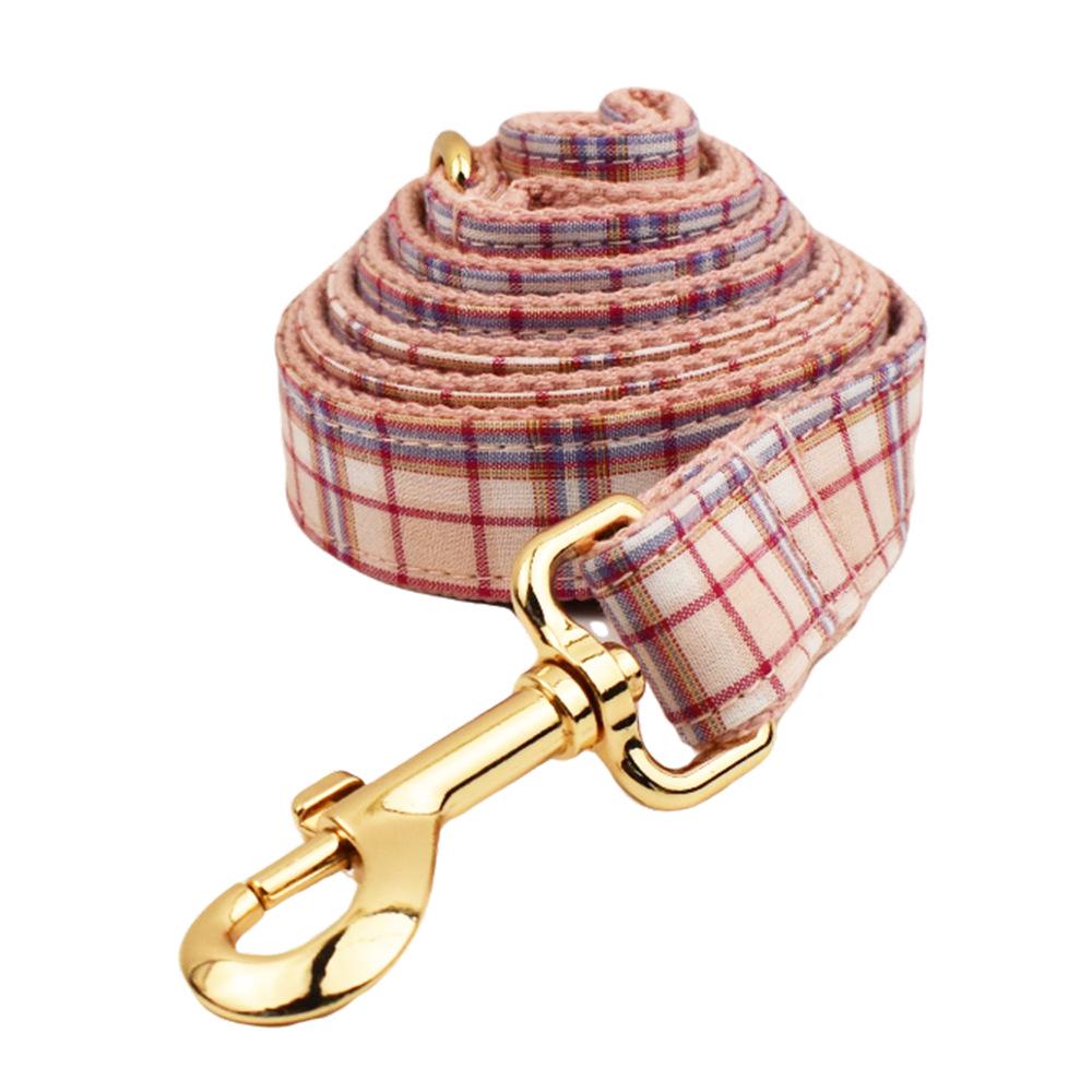 Light Pink Plaid Dog Collar and Leash - British Style, Engravable, Fresh Pattern.