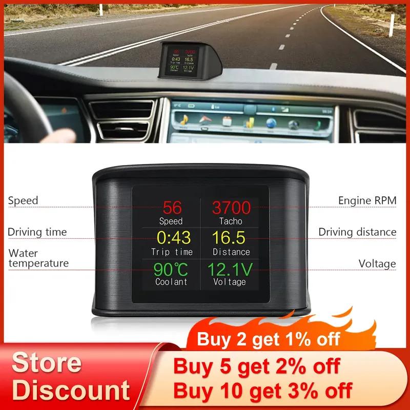 QC OBD2 HUD P10 Car Head Up Display Digital Speedometer Tachometer Battery Voltage Oil Pressure Water Temp Gauge Overspeed Alarm