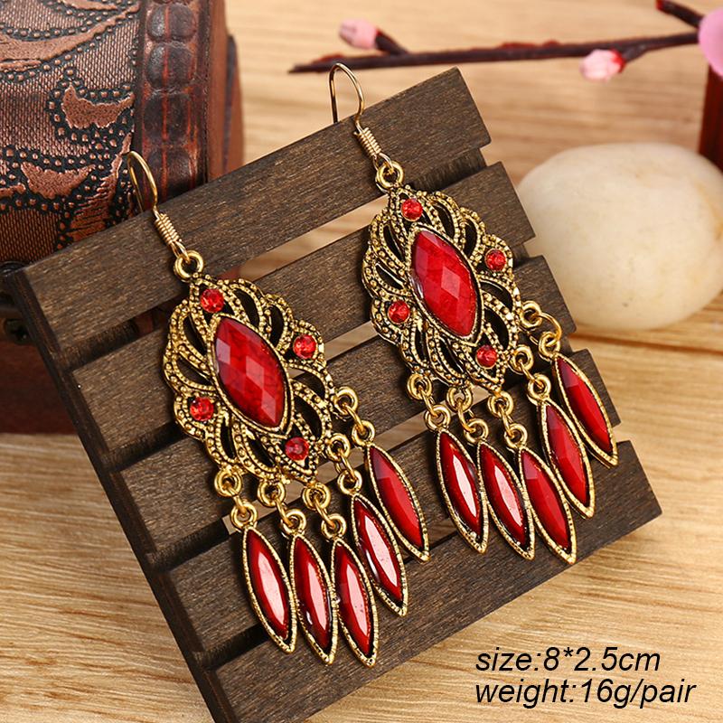 Ethnic Vintage Red Temperament Long Dangle Earrings for Women Flower Peacock and Water Drop Design Wedding Party Jewelry