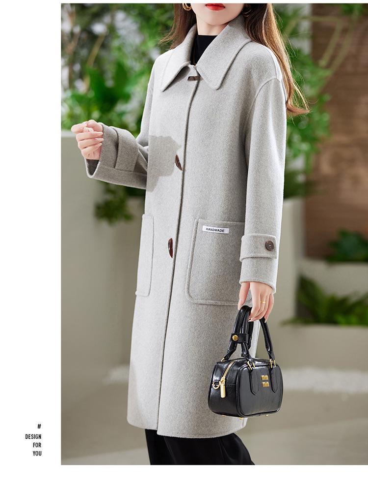 Women's Slim Fit Long Wool Coat with Wide Lapel and Toggle Closure - Double-Faced Woolen Overcoat for Autumn/Winter