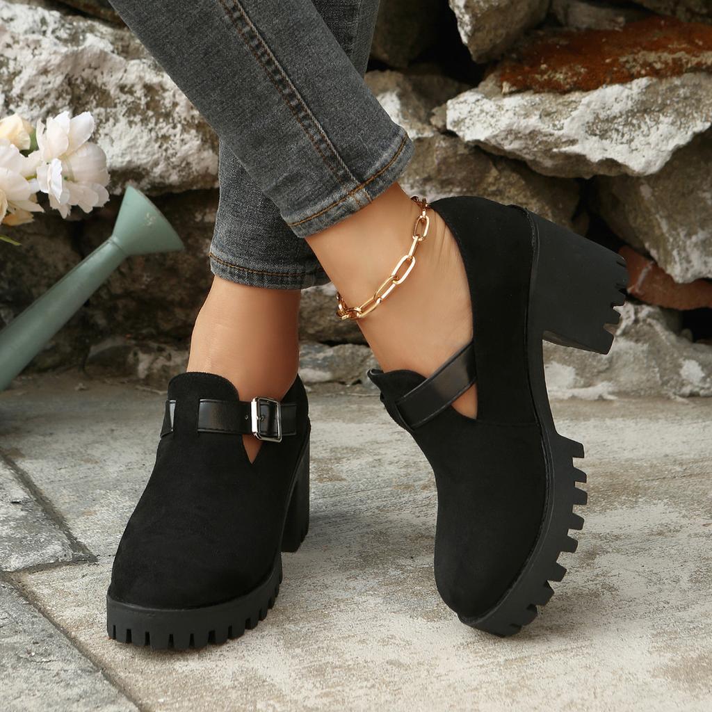 New Plus Size Platform Chunky Heel Pumps - Women’s Round Toe Suede Buckle High Heel Shoes