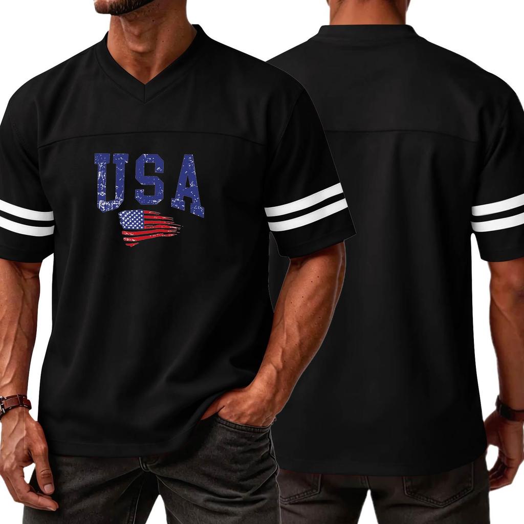 Men V Neck Casual Short Sleeve T Shirt with USA Flag Print Striped Sleeve Athletic Top for Sports and Daily Wear