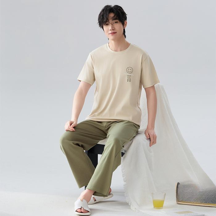2025 Spring Summer Pure Cotton Solid Leisure Men's Pajamas Set Elastic Waist Boys Sleepwear Short Sleeve Tops and Long Pants Soft Pijama Home Wear
