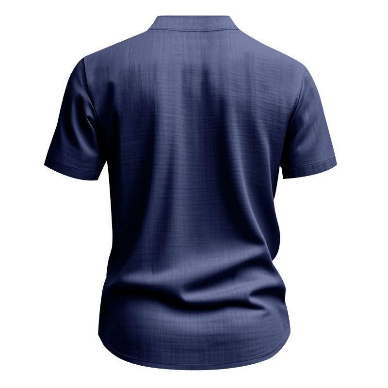 Men's Summer Loose Linen T-Shirt Solid Color American Style Henley Neck Short Sleeve Shirt Breathable Casual Beach Tops Men European American Fashion