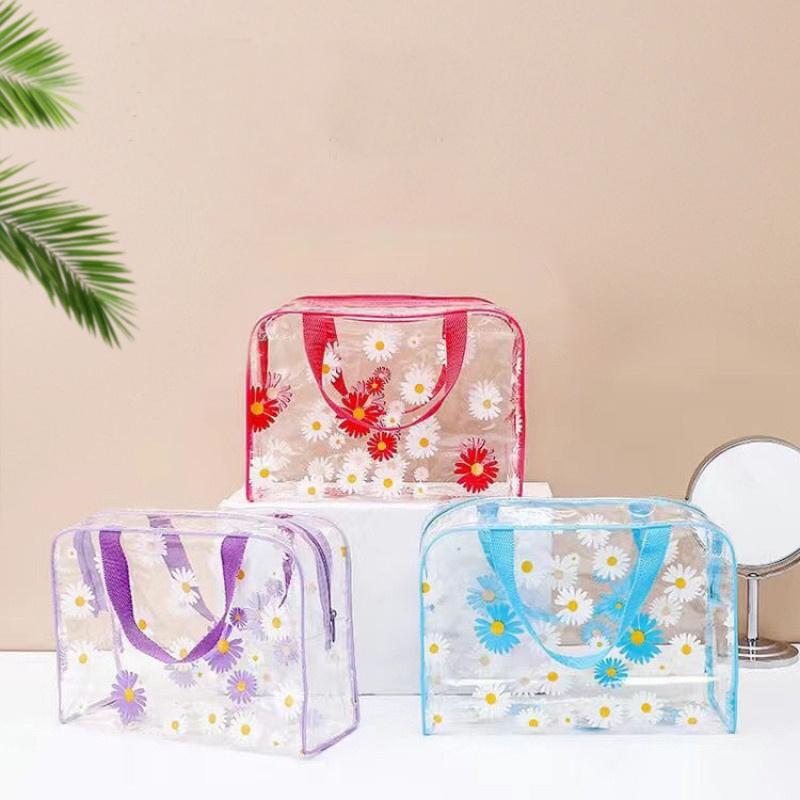 1pcs Transparent Floral Pattern Travel Toiletry Bag PVC Toiletry Bag, Waterproof Storage Cosmetic Bag with Zipper Handle Belt, Travel Bag