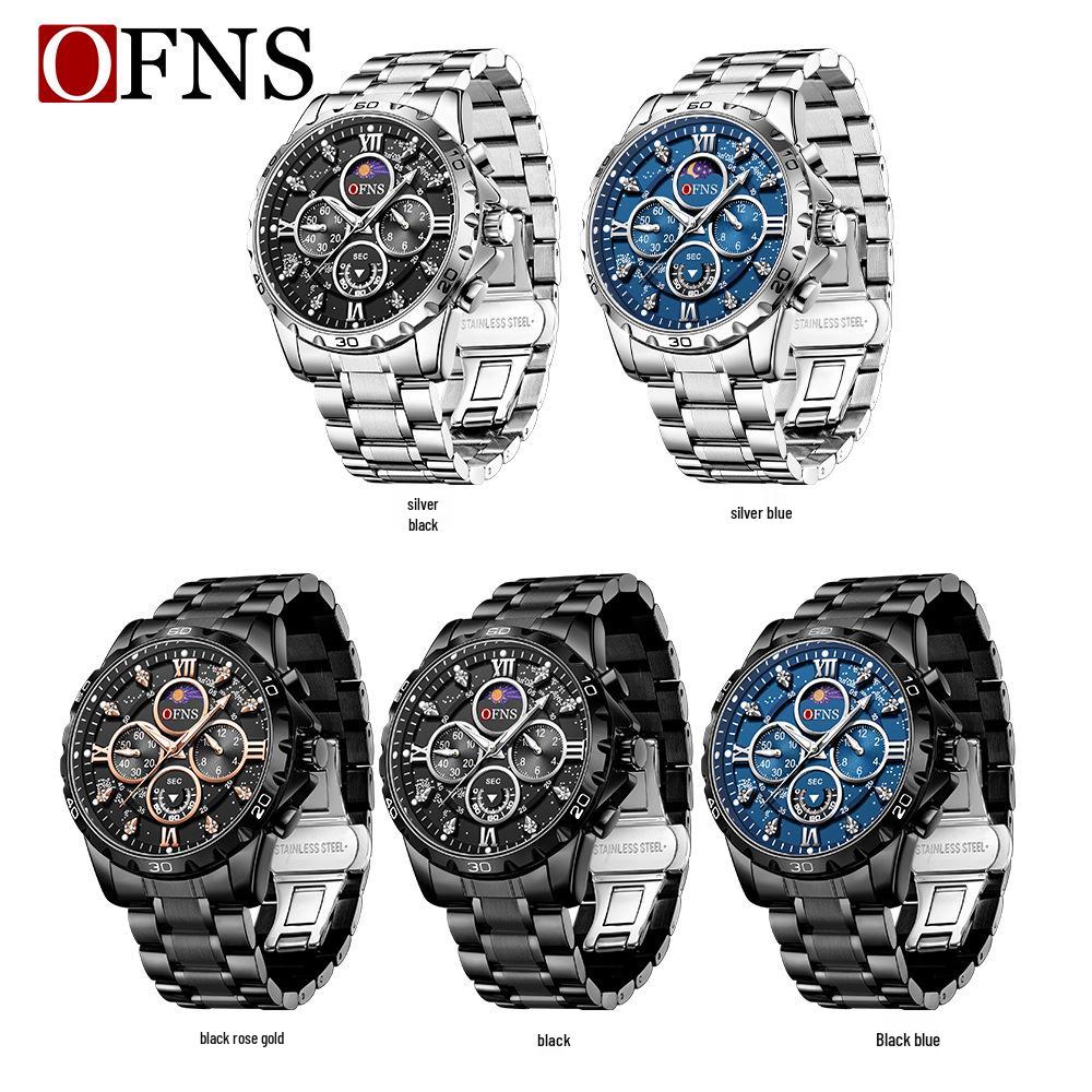 OFNS Men's Six-Hand Multifunctional Waterproof Quartz Watch with Large Dial and Steel Strap