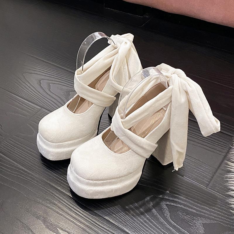 

Heel Mary Jane Shoes Girl 2025 New Autumn Fairy Wind Cross Strap Platform Waterproof Table Thick Heel Single Shoes 40 білий