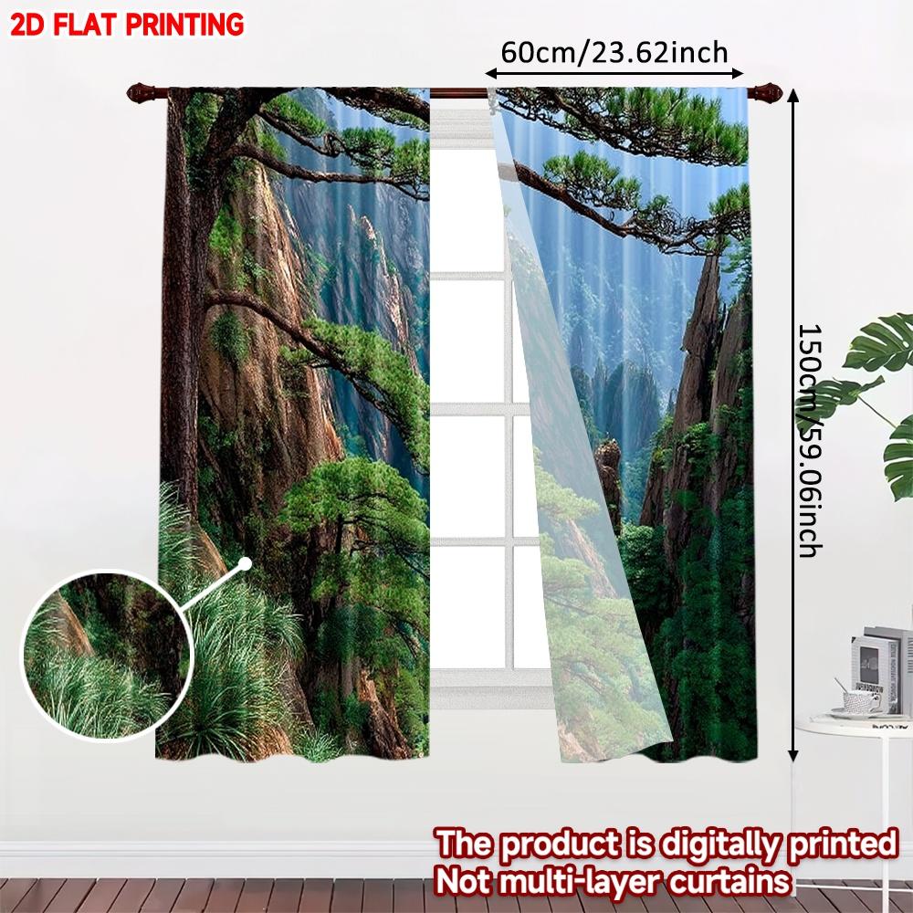 Set Of 2 Pine Tree Mountain Landscape Curtains Lush Green Forest Majestic Peaks Nature Themed Bedroom Living Room Curtain For Area Made Polyester