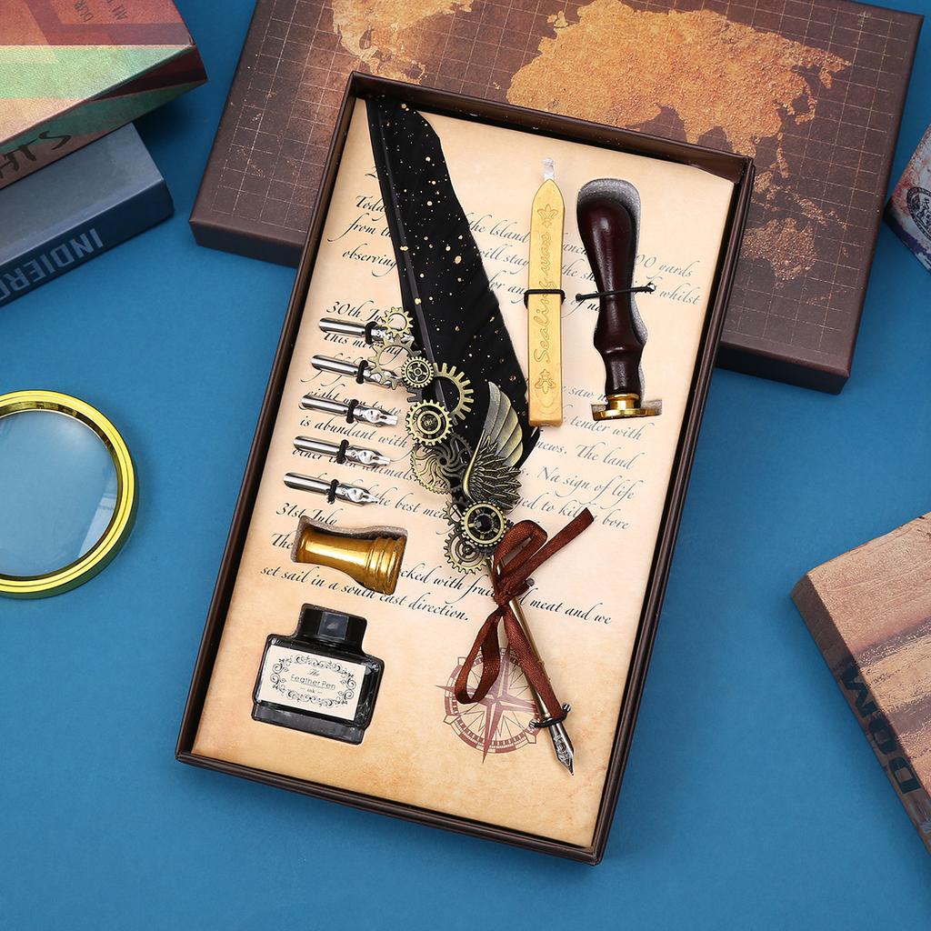 Retro Feather Pen Mechanical Feather Pen Steampunk Dip Pen Qixi Festival Gift Box Set Gift